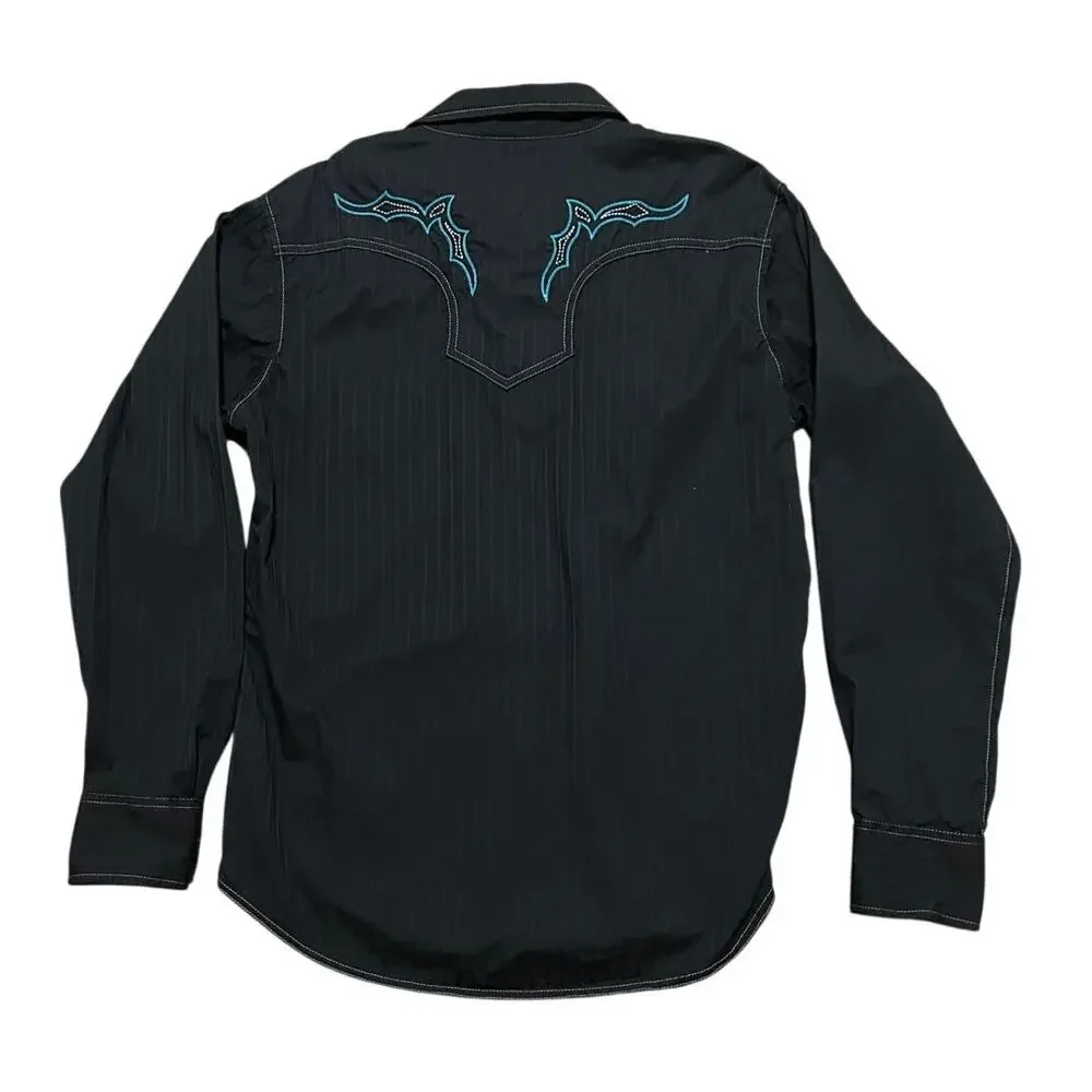 Rock 47 Wrangler Western Snap Button Shirt Men's Large Black Blue Cotton